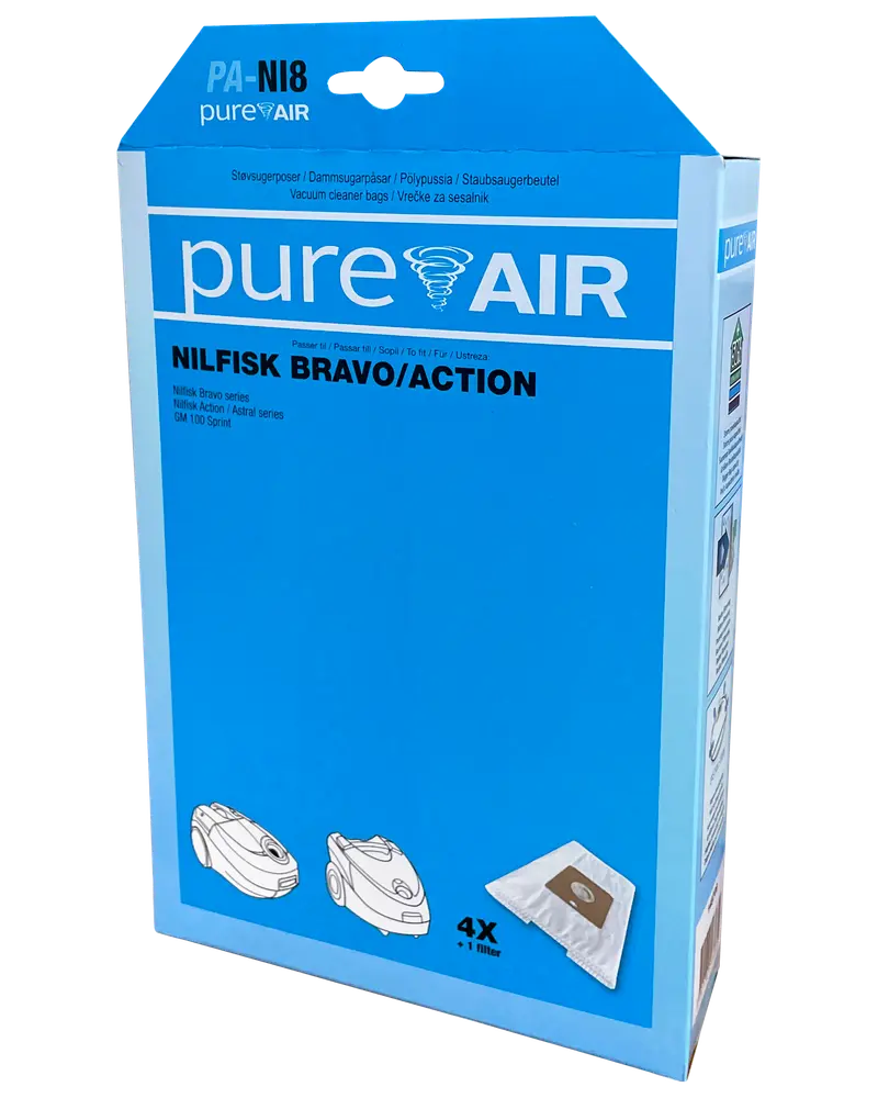 Förpackning med fyra PureAir dammsugarpåsar för Nilfisk Bravo/Action-modeller. Passar utvalda serier, visas på kartongen. Inkluderar ett filter. Blå förpackning med produktbilder.