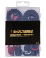 Sortiment med O-ringar, 125 stycken i olika storlekar och färger, förpackade i en transparent plastlåda med fack för enkel organisering och förvaring.