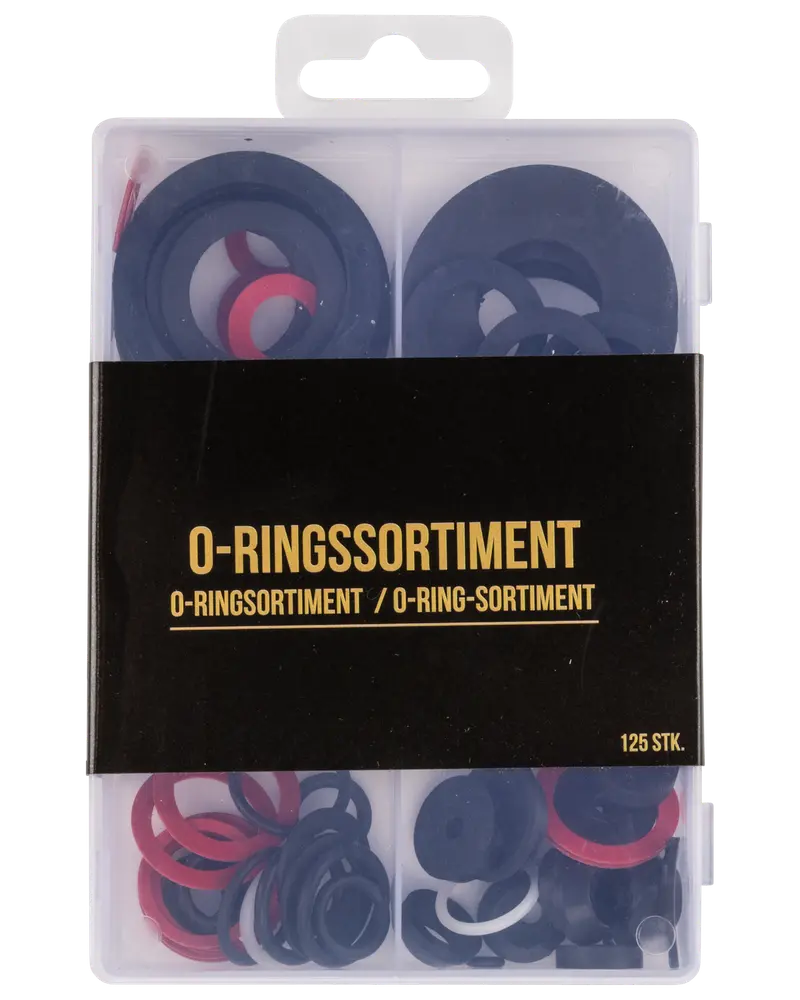 Sortiment med O-ringar, 125 stycken i olika storlekar och färger, förpackade i en transparent plastlåda med fack för enkel organisering och förvaring.
