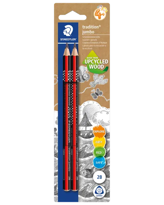 Pakke med to Staedtler Tradition Jumbo 2B-blyanter, lavet af genanvendt træ. Tykt, rød-sort stribet skaft, velegnet til børn fra 4 år, nem og sikker tegning.