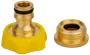 Trädgårdsslangkoppling i mässing med gult grepp, inkluderar snabbkoppling för hane och hona, gummipackningar för läckageskydd, passar standardslangar och bevattningssystem.