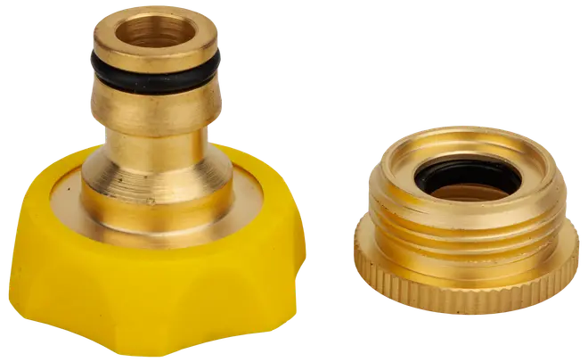 Trädgårdsslangkoppling i mässing med gult grepp, inkluderar snabbkoppling för hane och hona, gummipackningar för läckageskydd, passar standardslangar och bevattningssystem.
