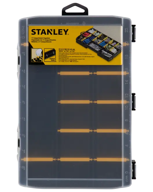 Stanley plastikorganisator med 17 justerbare rum, gennemsigtigt låg, sorte låse og bærehåndtag, ideel til opbevaring af små værktøjer, skruer eller hobbyartikler.