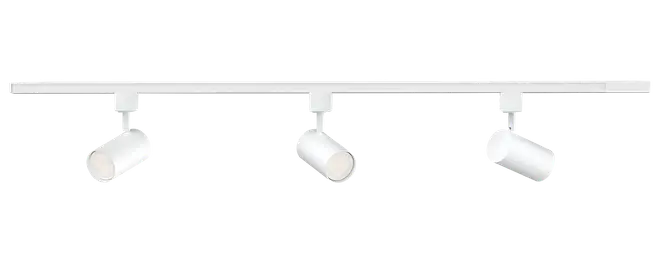 Hvid skinnespot med tre justerbare cylindriske spotlights på en lige skinne.