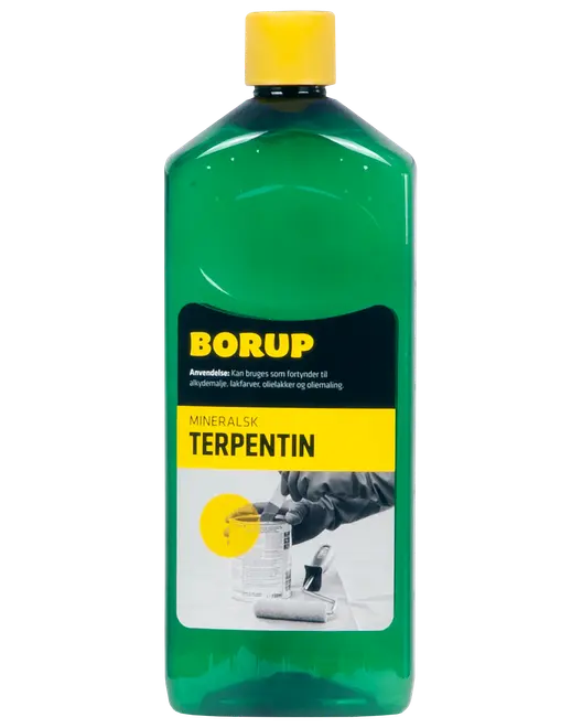 Grøn plastflaske med gul låg, Borup mineralsk terpentin. Anvendes som fortynder til alkydmaling, lakfarver og oliemaling. Forsideetiket med brugsanvisning og produktbillede.