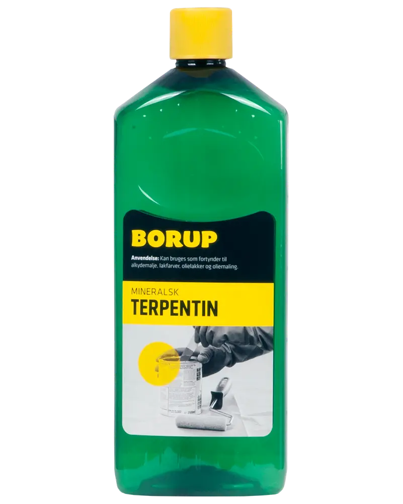 Grøn plastflaske med gul låg, Borup mineralsk terpentin. Anvendes som fortynder til alkydmaling, lakfarver og oliemaling. Forsideetiket med brugsanvisning og produktbillede.