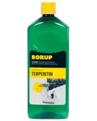 Grøn plastflaske med gul låg, Borup mineralsk terpentin. Anvendes som fortynder til alkydmaling, lakfarver og oliemaling. Forsideetiket med brugsanvisning og produktbillede.