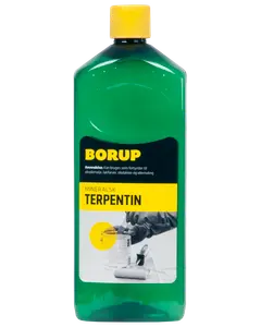Grøn plastflaske med gul låg, Borup mineralsk terpentin. Anvendes som fortynder til alkydmaling, lakfarver og oliemaling. Forsideetiket med brugsanvisning og produktbillede.