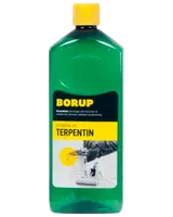 Grøn plastflaske med gul låg, Borup mineralsk terpentin. Anvendes som fortynder til alkydmaling, lakfarver og oliemaling. Forsideetiket med brugsanvisning og produktbillede.