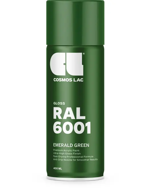 Smaragdgrøn spraymaling, 400 ml, blank finish. Premium akrylformel, hurtigtørrende, anti-dryp dyse. Egnet til professionel brug, mærket RAL 6001 fra Cosmos Lac.