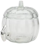 Dryckesbehållare i klart glas formad som en pumpa, med lock och metallkran för enkel servering. Perfekt för fester eller sammankomster.