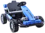 Blå og sort el-gokart til børn med store terrængående hjul, rat, forlygter og enkelt sæde med sikkerhedssele. Robust plastkonstruktion og realistisk design.