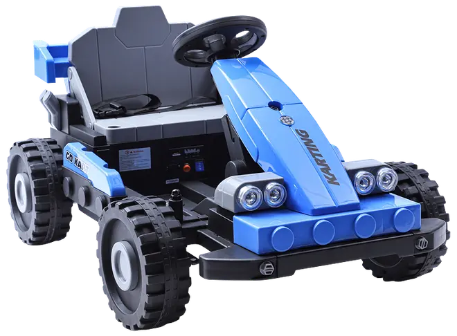Blå og sort el-gokart til børn med store terrængående hjul, rat, forlygter og enkelt sæde med sikkerhedssele. Robust plastkonstruktion og realistisk design.