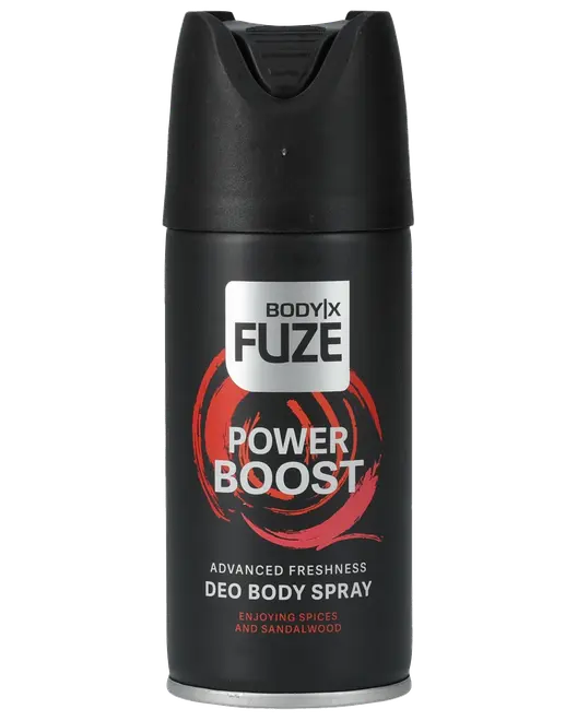 Sort BodyX Fuze Power Boost deodorant body spray-dåse med advanced freshness og duft af krydderier og sandeltræ.