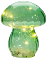 Grøn svampeformet lampe i glas med indbyggede varme LED-lyskæder indeni. Skaber et blødt, hyggeligt lys. Dekorativt og fantasifuldt design til hjemmet eller kontoret.