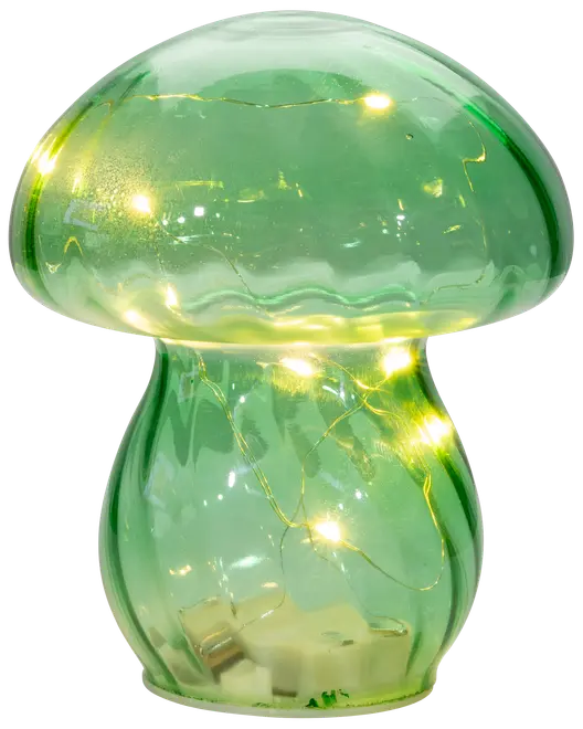Grøn svampeformet lampe i glas med indbyggede varme LED-lyskæder indeni. Skaber et blødt, hyggeligt lys. Dekorativt og fantasifuldt design til hjemmet eller kontoret.