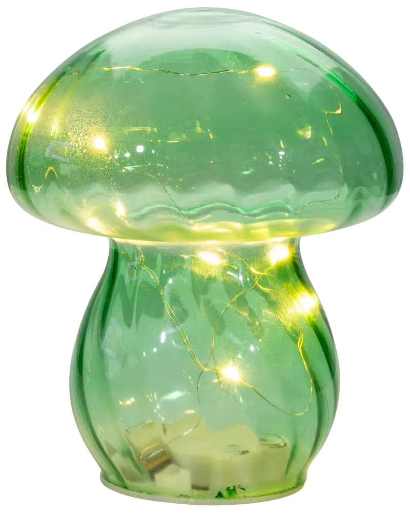 Grøn svampeformet lampe i glas med indbyggede varme LED-lyskæder indeni. Skaber et blødt, hyggeligt lys. Dekorativt og fantasifuldt design til hjemmet eller kontoret.