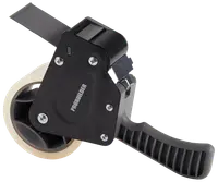 Handhållen tejphållare med ergonomiskt svart handtag, metallblad och en rulle klar packtejp. Perfekt för att försluta kartonger. Märkt 'PROBUILDER' på sidan.