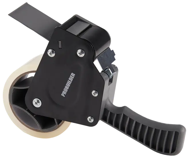 Håndholdt tapedispenser med ergonomisk sort håndtag, metalklinge og en rulle klar pakketape. Velegnet til at lukke kasser. Mærket 'PROBUILDER' på siden.