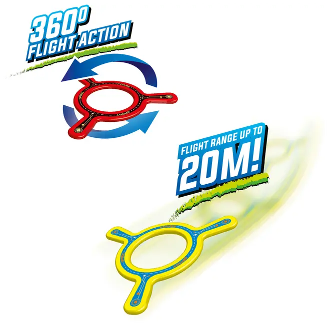 Två boomeranger, en röd och en gul, med tre armar och cirkulärt centrum. Ger 360-graders flygning och upp till 20 meters räckvidd.