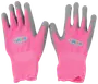 Ett par rosa trädgårdshandskar för barn med grå gummibelagda handflator och fingrar, elastiska muddar och "byKIDS"-logga på ovansidan. För komfort och skydd.