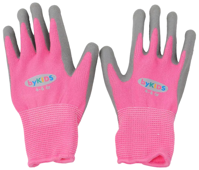 Ett par rosa trädgårdshandskar för barn med grå gummibelagda handflator och fingrar, elastiska muddar och "byKIDS"-logga på ovansidan. För komfort och skydd.