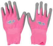 Ett par rosa trädgårdshandskar för barn med grå gummibelagda handflator och fingrar, elastiska muddar och "byKIDS"-logga på ovansidan. För komfort och skydd.