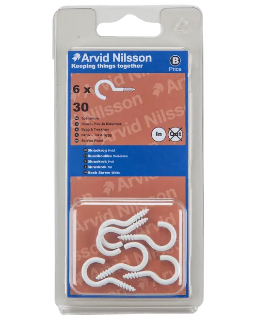 Skruekrog 30 mm hvid 6-pak