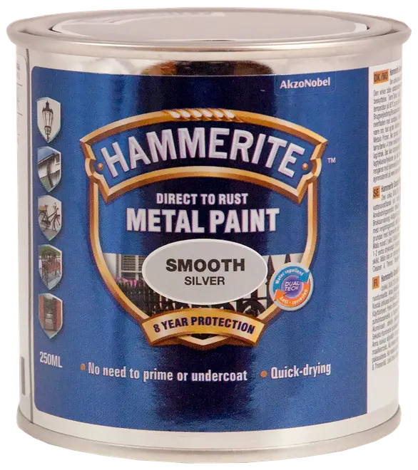 Hammerite Smooth Silver metalmaling, 250 ml dåse. Kan påføres direkte på rust, ingen grundmaling nødvendig, hurtigtørrende, giver 8 års beskyttelse. Til udendørs metaloverflader.