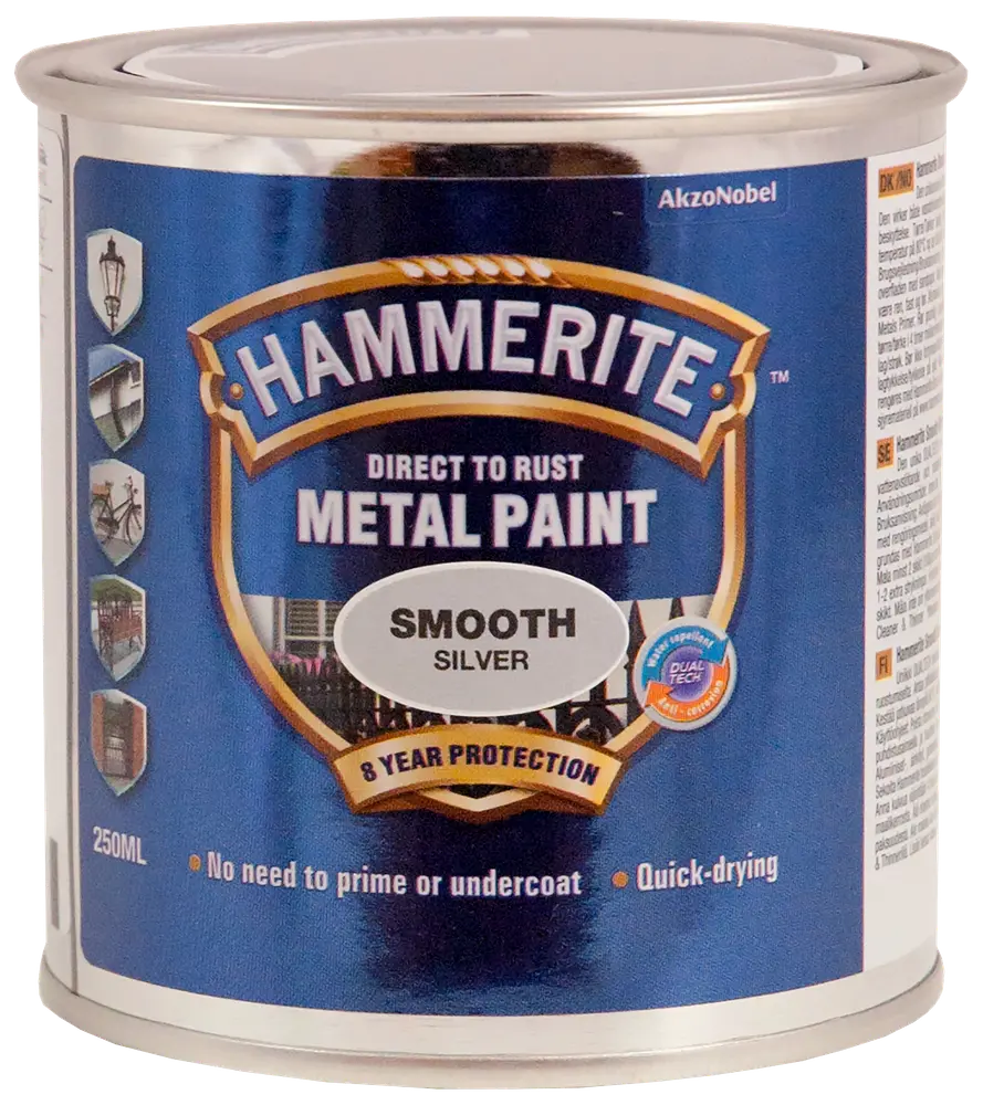 Hammerite Smooth Silver metalmaling, 250 ml dåse. Kan påføres direkte på rust, ingen grundmaling nødvendig, hurtigtørrende, giver 8 års beskyttelse. Til udendørs metaloverflader.