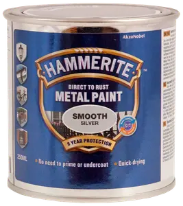 Hammerite Smooth Silver metalmaling, 250 ml dåse. Kan påføres direkte på rust, ingen grundmaling nødvendig, hurtigtørrende, giver 8 års beskyttelse. Til udendørs metaloverflader.