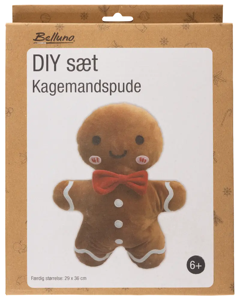 DIY-set för att skapa en pepparkaksgubbe-kudde. Innehåller brunt plyschtyg, röd rosett, vita detaljer. Färdig storlek: 29 x 36 cm. Från 6 år.