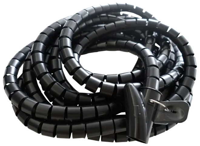 Svart spiralformad kabelhanteringsslang i flexibel plast, avsedd för att organisera och samla flera kablar. Levereras med appliceringsverktyg för enkel installation.