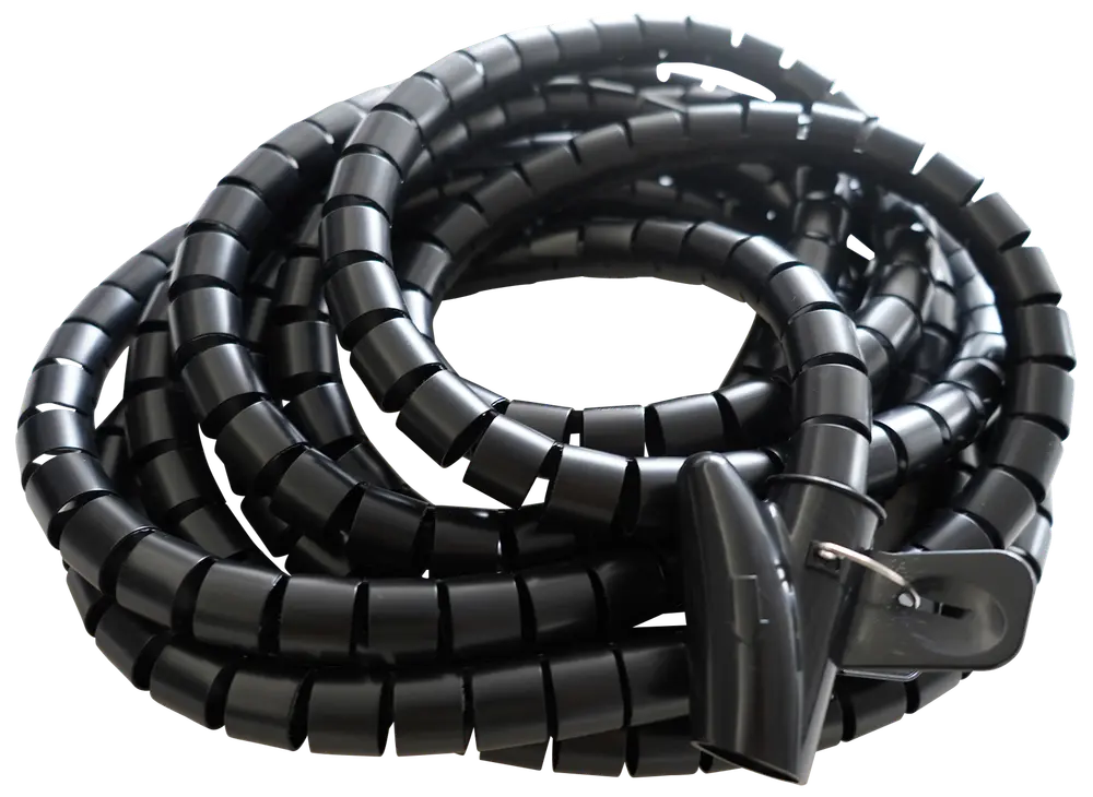 Sort spiral kabelsamlingsslange i fleksibelt plast, designet til at organisere og samle flere kabler. Leveres med et påføringsværktøj for nem montering.