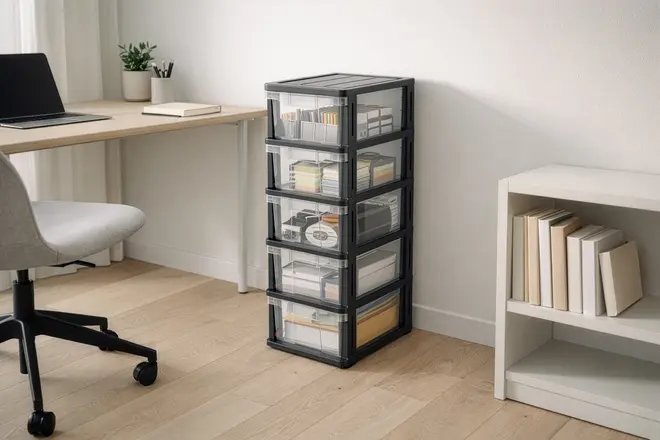 Sort plastreol med fem skuffer og gennemsigtige fronter, ideel til opbevaring af kontorartikler, dokumenter og småting. Kompakt og stabelbar, velegnet til hjem eller kontor.