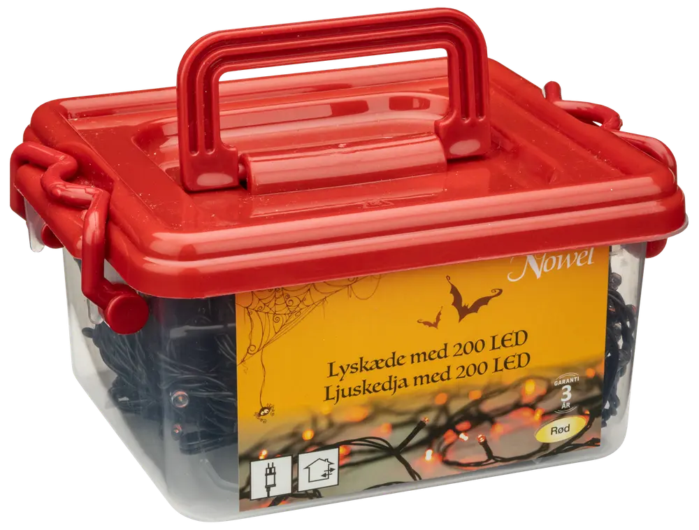 Låda med 200 röda LED-ljusslingor, för inomhus- och utomhusbruk, förpackad i en klar plastbehållare med rött lock och bärhandtag.