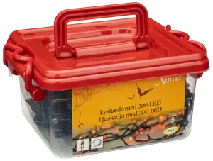 Låda med 200 röda LED-ljusslingor, för inomhus- och utomhusbruk, förpackad i en klar plastbehållare med rött lock och bärhandtag.