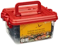 Låda med 200 röda LED-ljusslingor, för inomhus- och utomhusbruk, förpackad i en klar plastbehållare med rött lock och bärhandtag.