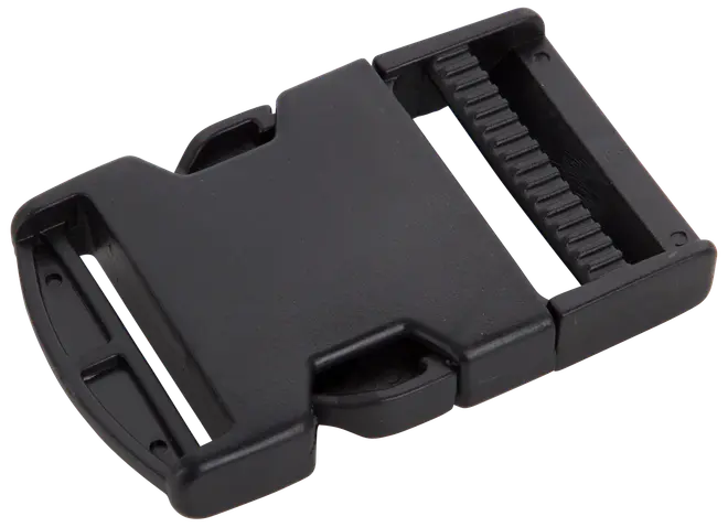 Sort plastspænde med sideudløsning til remme eller bælter, har to åbninger til fastgørelse af bånd og en midterlås til hurtig åbning og lukning.