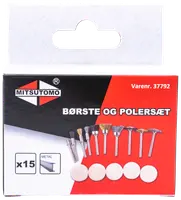 Set med 15 metallborstar och polerskivor för roterande verktyg, olika borstar och polerskivor, lämpliga för rengöring och polering av metall. Mitsutomo-märke.