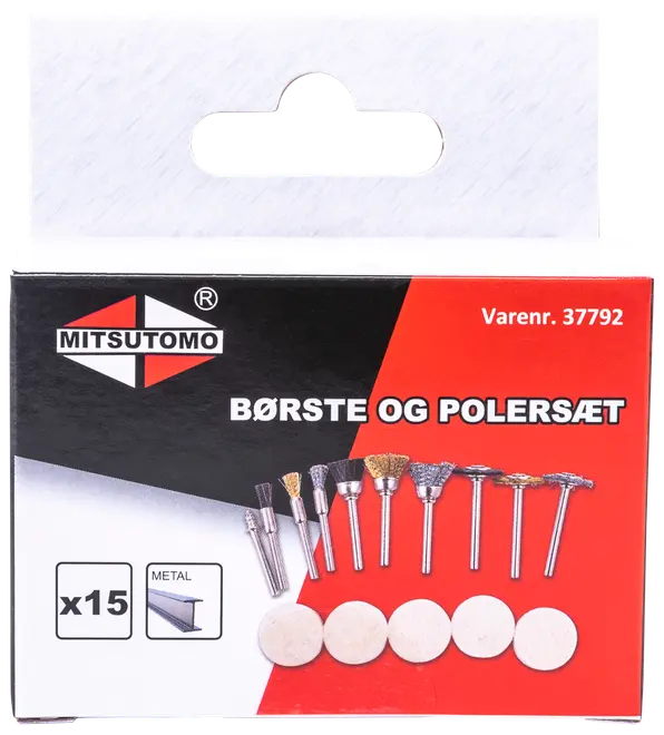 Sæt med 15 metalbørster og polerskiver til roterende værktøj, forskellige børsteformer og polerskiver, velegnet til rengøring og polering af metal. Mitsutomo mærke.