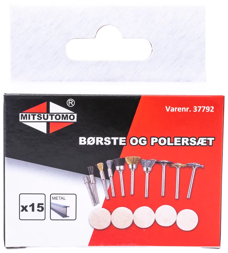 Set med 15 metallborstar och polerskivor för roterande verktyg, olika borstar och polerskivor, lämpliga för rengöring och polering av metall. Mitsutomo-märke.