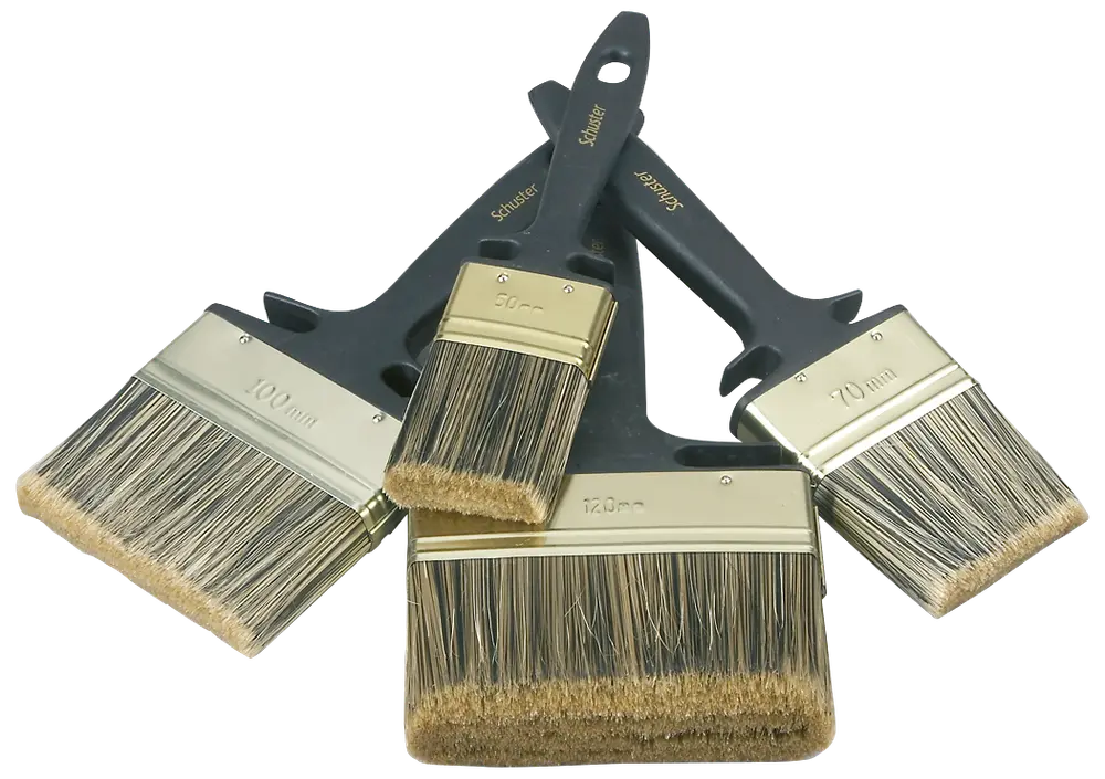 Set med fyra platta penslar med svarta plasthandtag och naturborst, märkta med bredder: 50mm, 70mm, 100mm och 120mm. Passar för målningsprojekt.