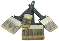 Set med fyra platta penslar med svarta plasthandtag och naturborst, märkta med bredder: 50mm, 70mm, 100mm och 120mm. Passar för målningsprojekt.