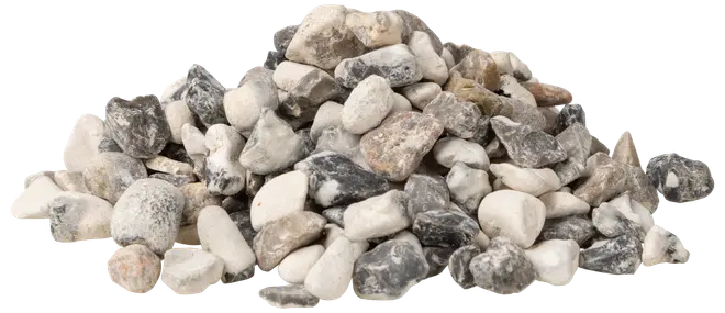 En bun dekorative have-sten i blandede farver, herunder hvid, grå og beige. Små, glatte og ujævne sten, velegnet til landskabspleje eller akvariebrug.