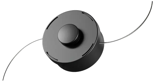 Sort trimmerhoved med rund central knap og to udstikkende nylontråde. Designet til græstrimmere eller buskryddere. Holdbar plastkonstruktion, nem udskiftning af tråd.