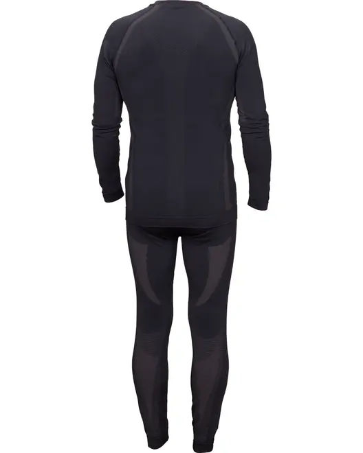Sort langærmet baselayer-sæt med tætsiddende trøje og leggings, vist bagfra, designet til komfort og varme.