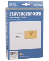 Pakke med tre Wasco Clean Einhell støvsugerposer, passer til udvalgte modeller. Blå og hvid emballage med billede af posen og modelnumre på forsiden.