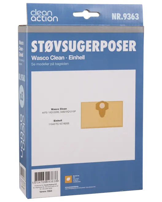 Förpackning med tre Wasco Clean Einhell dammsugarpåsar, passar utvalda modeller. Blå och vit förpackning med bild och modellnummer på framsidan.