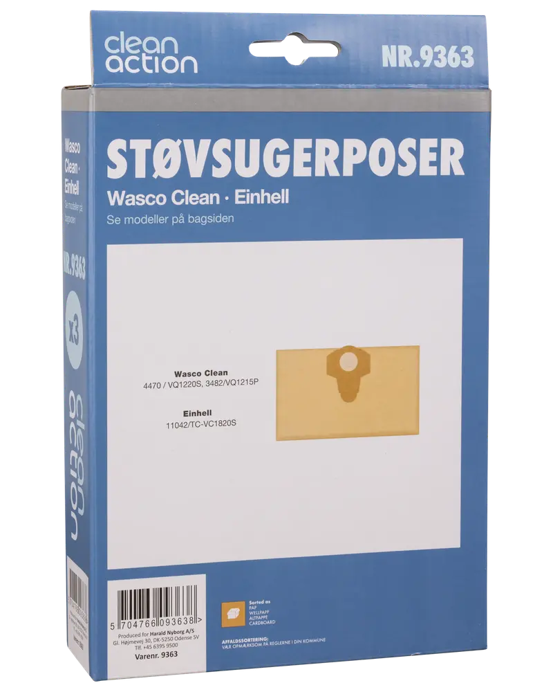 Pakke med tre Wasco Clean Einhell støvsugerposer, passer til udvalgte modeller. Blå og hvid emballage med billede af posen og modelnumre på forsiden.